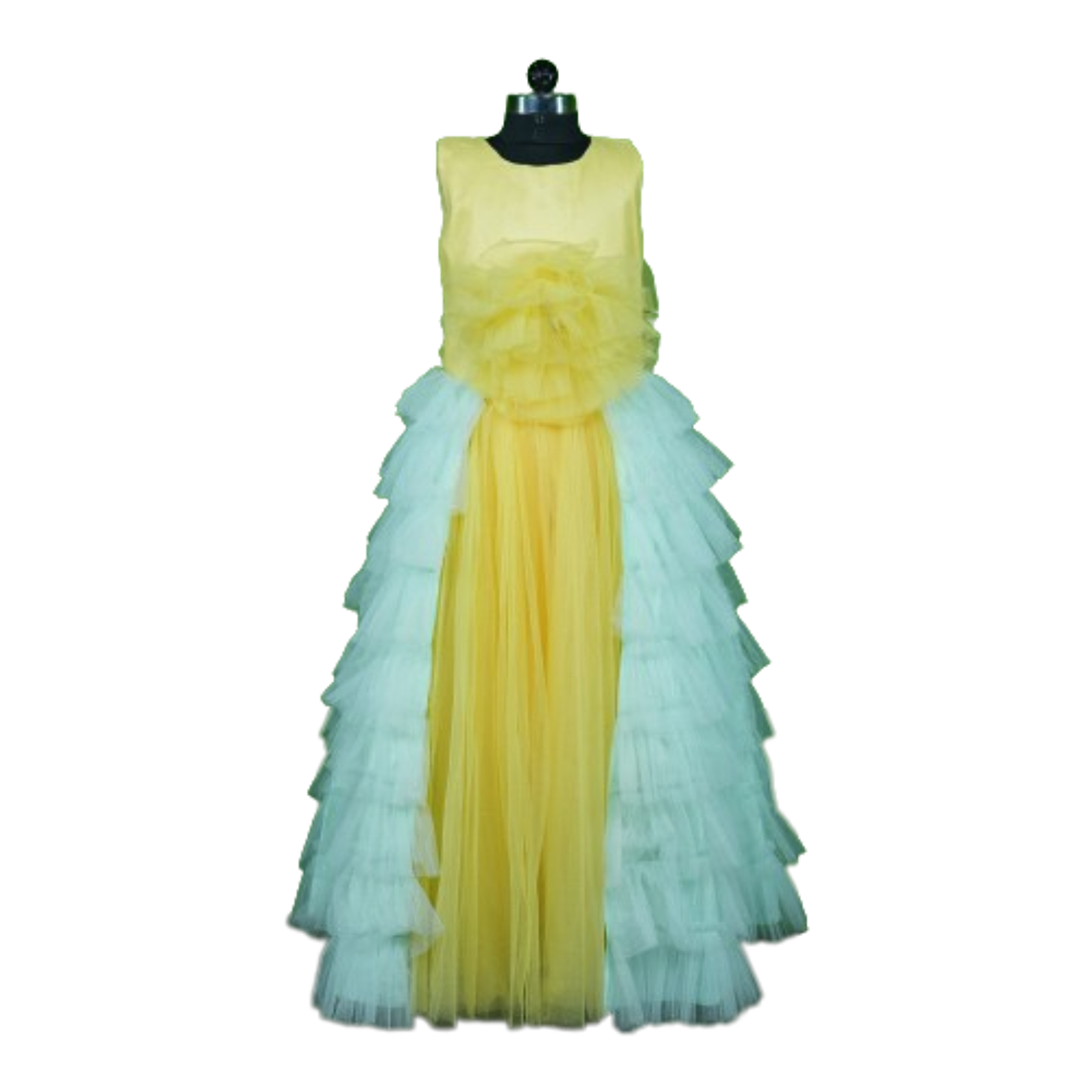 Yellow floor length gown with side fringes