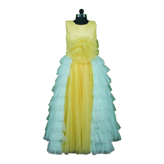 Yellow floor length gown with side fringes